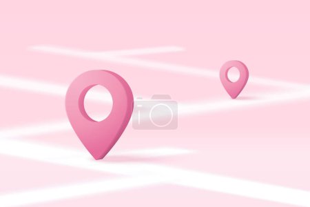 3D-Ortsmarkierung des Karten- oder Navigationsstift-Symbols auf isoliertem rosa Hintergrund. Navigation ist rosa Pastellfarbe mit Schatten auf der Kartenrichtung. 3d GPS pin vector rendering illustration
