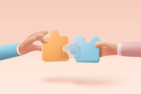 Illustration for 3D jigsaw puzzle pieces symbol of teamwork. Problem-solving, business challenge in hand of people connection jigsaw puzzle, partnership concept.  3d teamwork idea icon vector render illustration - Royalty Free Image