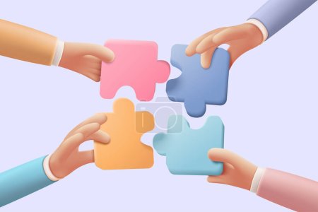 3D jigsaw puzzle pieces symbol of teamwork. Problem-solving, business challenge in hand of people connection jigsaw puzzle, partnership concept.  3d teamwork idea icon vector render illustration