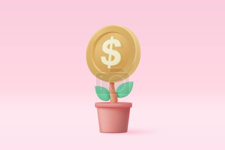 Illustration for 3d money tree plant with coin dollar. Business profit investment, finance education, earning income, business development concept. 3d money saving vector icon for banking render illustration - Royalty Free Image