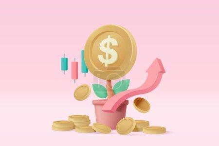 Illustration for 3d money tree plant with coin dollar. Business profit investment, finance education, earning income, business development concept. 3d money trade vector icon for banking render illustration - Royalty Free Image