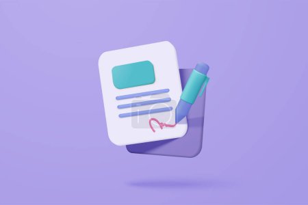 Illustration for 3d white clipboard task management todo check list with pen, efficient work on project plan, fast progress, level up concept, assignment and exam checklist icon. 3d vector render on purple background - Royalty Free Image