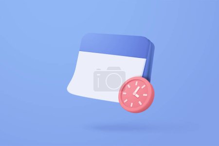 3d calendar marked date and time for reminder day in blue background. Calendar with clock for schedule appointment, event day, holiday planning concept. 3d alarm clock icon vector render illustration
