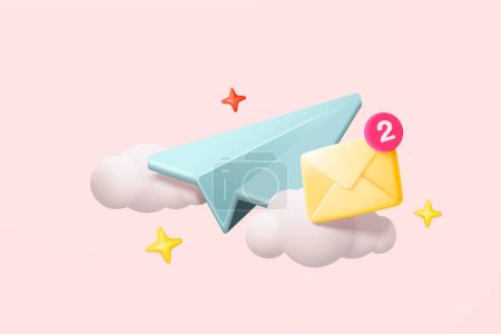 Illustration for 3d paper plane mail icon on cloud for send new message. Minimal email sent letter to social media online marketing. Subscribe to newsletter. 3d plane flight icon vector rendering illustration - Royalty Free Image