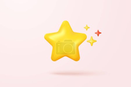 Illustration for 3d yellow stars glossy color icon for game on pink background. Customer rating feedback from client about employee of UI website concept. 3d star quality icon vector with shadow render illustration - Royalty Free Image