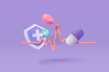 Illustration for 3d pharmacy drug for health pharmaceutical on purple background. Cartoon minimal of first aid and health care. Medical symbol of emergency help. 3d aid medicine icon vector render illustration - Royalty Free Image