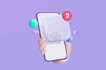 Illustration pour 3D blank app icon with notification alert speech bubble, online social comment push notice on mobile phone in holding hand, chat with social media. 3d reminder icon vector render illustration - image libre de droit