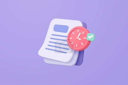 Illustration for 3D minimal document with clock alert on purple background - Royalty Free Image