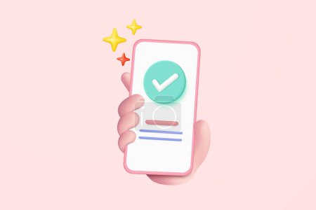 Illustration for 3d check mark icon isolated on mobile phone in holding hand. check list button best choice for right, success, tick, accept, agree on application. 3d mark icon vector with shadow render illustration - Royalty Free Image