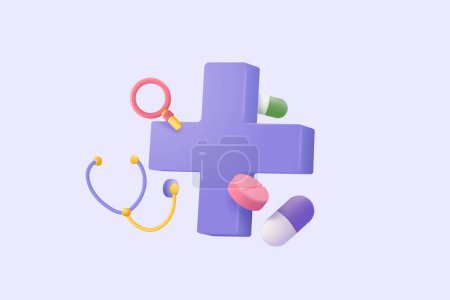 3d pharmacy drug for health pharmaceutical on purple background. Cartoon minimal of first aid and health care. Medical symbol of emergency help. 3d aid medicine icon vector render illustration