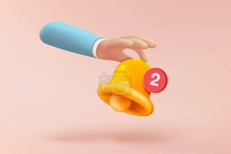Illustration for 3D minimal notification bell icon with business holding hand on pastel background. new alert concept for social media element. 3d bell alarm icon for message vector render illustration - Royalty Free Image