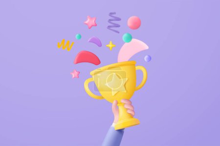 3d winners minimal with golden cup, gold winners stars with objects floating around on gold background. Award ceremony concept with cartoon style. 3d vector render isolated on purple pastel background
