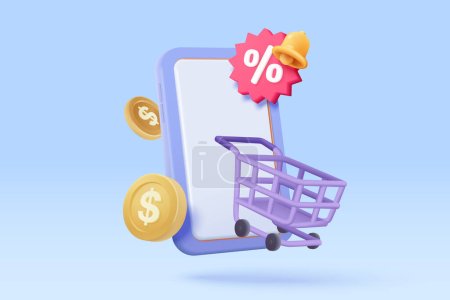 Illustration for 3d mobile phone with price tags notify for online shopping concept. Basket with promotion tag discount coupon of money for future, special offer promotion. 3d reminder icon vector render illustration - Royalty Free Image