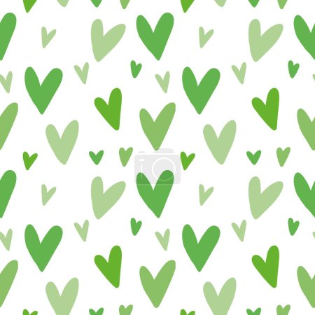 Seamless pattern with green hearts on white background. Simple doodle cartoon flat love concept for texture, wrapping paper, wallpaper. Concept of nature friendly, save planet, ecology, health.