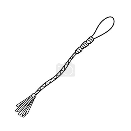 Illustration for Leather whip knout with small tassels in black isolated on white background. Hand drawn vector sketch illustration in doodle engraved outline style. Sexual adult role games, dominance - Royalty Free Image