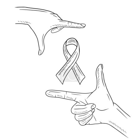 Téléchargez les illustrations : Realistic two hands frame lending help showing with ribbon as a symbol of world cancer AIDS day. Hand drawn vector sketch illustration in doodle engraved vintage outline style. Disease awareness - en licence libre de droit