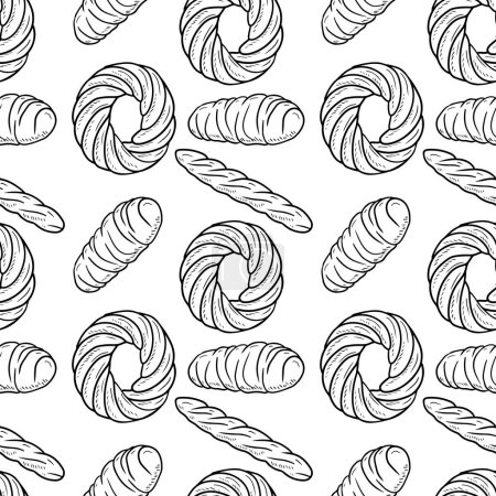 Illustration for Seamless pattern with bakery products bread and ring shape pastry bun. Hand drawn vector sketch illustration in doodle engraved outline line art style. Wrapping paper, gift, cafe, menu - Royalty Free Image