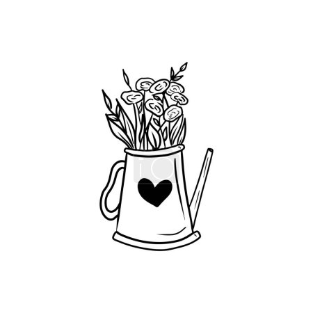 Illustration for Retro kettle funnel with bouquet of flowers and herbs with heart design. Hand drawn vector sketch illustration in doodle vintage engraved outline, line art style in black on white. Love garden - Royalty Free Image