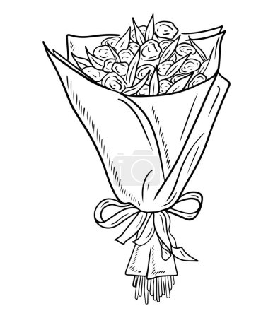 Illustration for Beautiful big bouquet of flowers with wrapping paper and ribbon bow in black isolated on white background. Hand drawn vector sketch illustration in doodle vintage engraved outline, line art style - Royalty Free Image