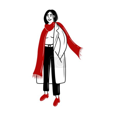 Illustration for Beautiful woman with black square haircut in black pants, coat and red scarf with hand in pocket is standing and smiling. Hand drawn vector doodle flat illustration. Street style look, fashion - Royalty Free Image
