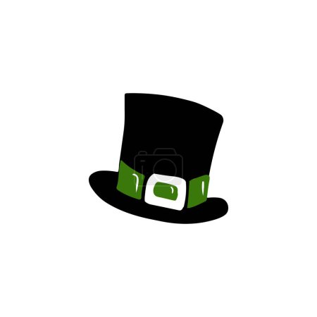 Illustration for Leprechaun op hat illustration with green ribbon and buckle in black isolated on white background. Hand drawn vector sketch illustration in doodle flat cartoon style. Saint Patrick's day celebration - Royalty Free Image