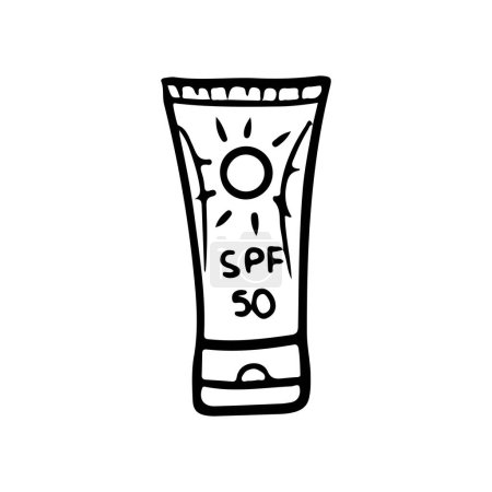 SPF-Creme, die vor Sonnenbrand schützt, im Rohr mit Sonne in Schwarz isoliert auf weißem Hintergrund. Schönheitsroutine, Hautpflege, gesunde Prävention. Handgezeichnete Vektor-Skizze Doodle-Illustration im Vintage