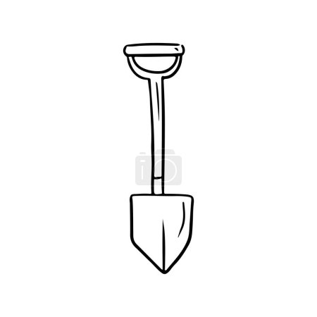 Realistic shovel as a camping equipment with handle for digging, making fire, in black isolated on white background. Hand drawn vector sketch illustration in doodle engraved vintage style