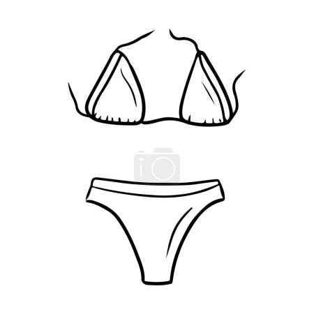 Frauen Bikini separaten Badeanzug mit Bändern in schwarz isoliert auf weißem Hintergrund. Handgezeichnete Vektorskizze Illustration im Vintage-Stil mit Doodle-Stich. Sommer Schwimmbadbekleidung, Urlaub am Meer