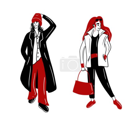 Zwei wunderschöne Modemädchen stehen und posieren. Lange rote Haare Frau mit Tasche in Overalls und ärmellose Jacke. Mantel, rote Hose, Hemd, Hut. Handgezeichnete Vektor-Doodle-Illustration. Lässige Kleidung