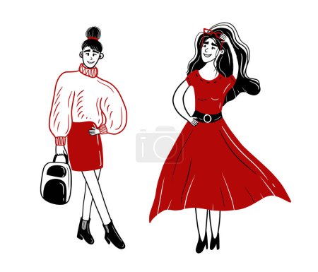 Hermosas modelos mujer de pie y posando. Concepto de look cotidiano en negro blanco y rojo. Dibujo vectorial dibujado a mano garabato ilustración plana. Traje de ropa estilo casual. Falda suéter mochila