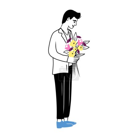 Ilustración de Hermoso hombre en traje de esmoquin con ojal que sostiene ramo de flores en zapatos azules. Dibujo vectorial dibujado a mano garabato ilustración en estilo plano de dibujos animados. Concepto de fecha, amor, regalo, celebración - Imagen libre de derechos
