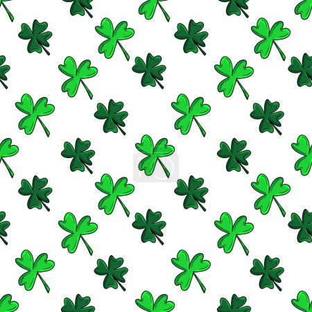 Seamless pattern with green clover isolated on white background. Hand drawn vector silhouette sketch illustration in doodle engraved vintage outline style. St. Patrick's day, lucky, botanical, plant