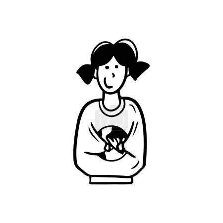 Girl with two pony tails holding Earth planet in hands with love to environment. Ecology friendly, save planet from global warming pollution. Hand drawn vector sketch illustration in doodle line art