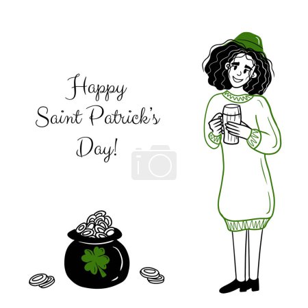 Cute girl standing and holding mug of beer in knitted green dress and hat as a symbol of spring, Happy Saint Patrick's day celebration. Hand drawn vector sketch illustration in doodle flat cartoon