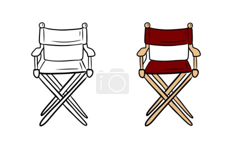 Realistisch schöner Stuhl für Kinoproduzent, Regisseur mit roten Gewebeelementen auf weißem Hintergrund. Handgezeichnete Vektorskizze Illustration im Vintage-Stil mit Doodle-Stich. Malbuch