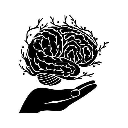 Beautiful brain with leaves growing as a symbol of development, ideas, holding in hand in black on white background. Hand drawn vector illustration in silhouette style. Concept of beauty, floral