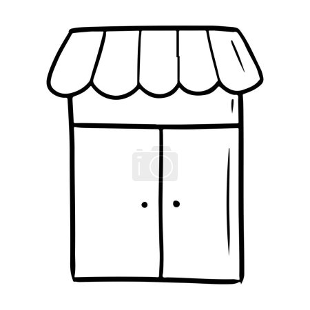 Beautiful shopwindow with striped roof in black isolated on white background. Hand drawn vector sketch illustration in doodle engraved line art vintage style. Shop entrance, fast food enter