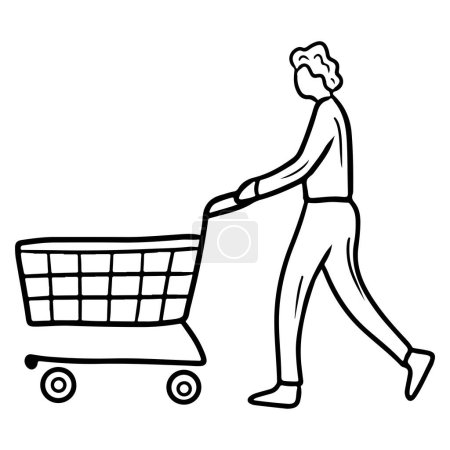 El hombre con un carrito de compras va a hacer la compra, comprar alimentos, productos en un supermercado centro comercial aislado en blanco. Dibujo vectorial dibujado a mano ilustración en estilo vintage de arte de línea grabada con garabatos