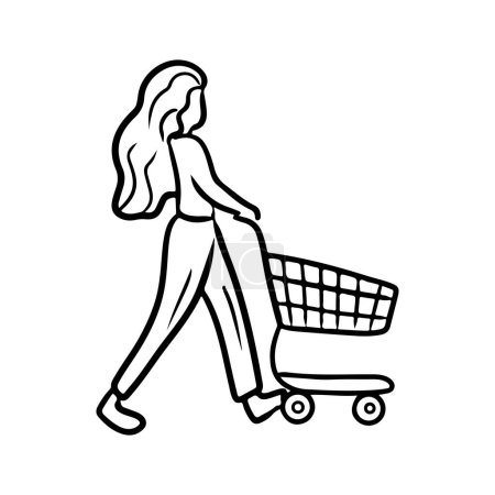 Die Frau mit den langen Haaren trägt einen leeren Einkaufswagen und geht in den Laden, um Produkte und Lebensmittel in schwarz auf weißem Hintergrund zu kaufen. Handgezeichnete Vektorskizze Illustration im Doodle-Stil