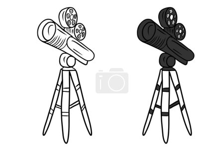 Illustration for Camera for movies recording standing on tripod in black isolated on white background. Hand drawn vector sketch illustration in doodle engraved vintage line art style. Coloring book, cinema equipment - Royalty Free Image
