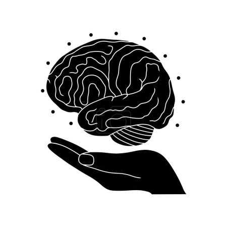 Schöne Gehirn als Symbol der Entwicklung, Ideen, hält in der Hand in schwarz auf weißem Hintergrund. Handgezeichnete Vektorillustration im flachen Silhouettenstil. Konzept der Schönheit, blumig