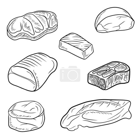 Collection de produits de viande fraîche savoureux : jambon, salami, saucisse, bacon en noir isolé sur fond blanc. Illustration de croquis vectoriels dessinés à la main dans un style d'art vintage gravé à doodle