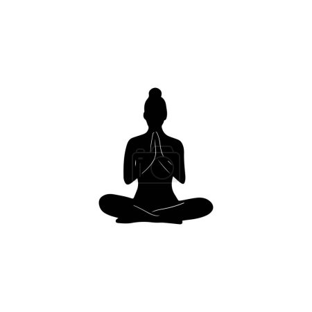 Hermosa mujer sentada en asana yoga posan en negro aislado sobre fondo blanco. Ilustración de silueta vectorial dibujada a mano. Fácil pose de loto, padmasana, estilo de vida saludable, deporte, meditación