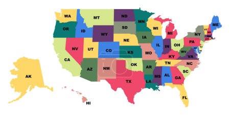 Téléchargez les illustrations : Illustration des États américains. Carte des États-Unis avec états. Cinquante États d'Amérique. Carte américaine en couleur. Illustration vectorielle de stock - en licence libre de droit