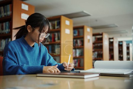 Studentin mit Stift stützt sich auf die Hand und surft auf dem Tablet, während sie am Tisch Hausaufgaben in der Universitätsbibliothek macht.