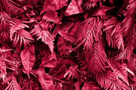 Background from tropical leafs,colored in trendy red color of 2023.