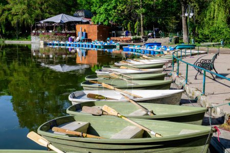 Vivid green landscape with old large linden trees and many small boats near the lake in Cismigiu Garden (Gradina Cismigiu), a public park in the city center of Bucharest, Romania, in a sunny spring day