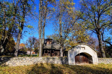 Maison roumaine traditionnelle entourée de nombreux vieux arbres avec des feuilles vertes, jaunes, orange et brunes dans le musée du village dans le parc Herastrau à Bucarest, Roumanie dans une journée d'automne ensoleillée