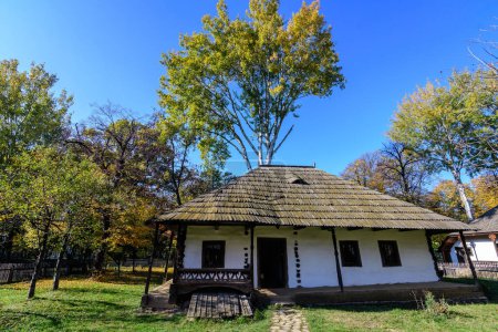 Traditionelles rumänisches Haus umgeben von vielen alten Bäumen mit grünen, gelben, orangen und braunen Blättern im Dorfmuseum im Herastrau Park in Bukarest, Rumänien an einem sonnigen Herbsttag
