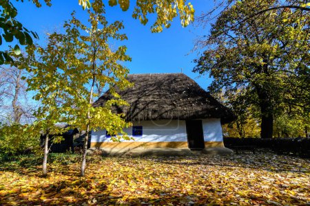 Traditionelles rumänisches Haus umgeben von vielen alten Bäumen mit grünen, gelben, orangen und braunen Blättern im Dorfmuseum im Herastrau Park in Bukarest, Rumänien an einem sonnigen Herbsttag